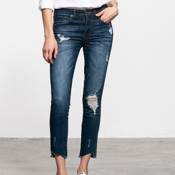 High Rise Distressed Raw Step Hem Ankle Denim Jeans Womens Pockets Stretch 7/27 - Picture 1 of 12